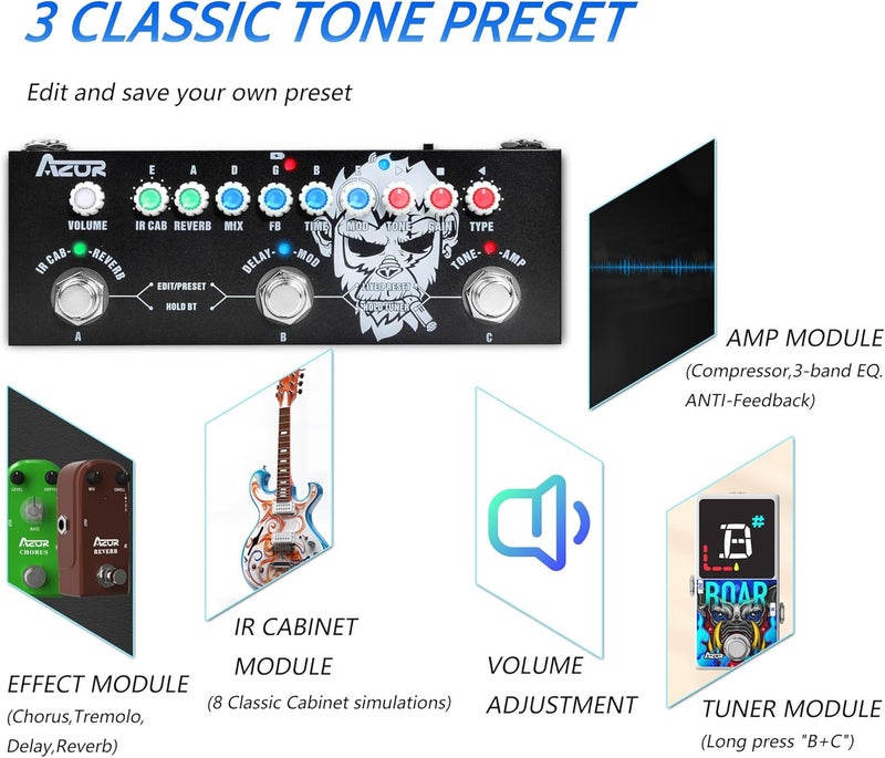 Azor Multi Effects Guitar Pedal with 3 Preset,8 IR Cab 9 AMP Models, Reverb Delay Overdrive, Distortion and Tuner for Electric Guitar, Rechargable Multi Effect Pedal - Image 5